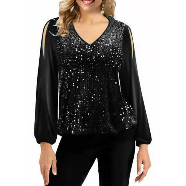 Sequin Patchwork V Neck Pullover Shoulder Lantern Sleeve T-Shirt Tops Blouse