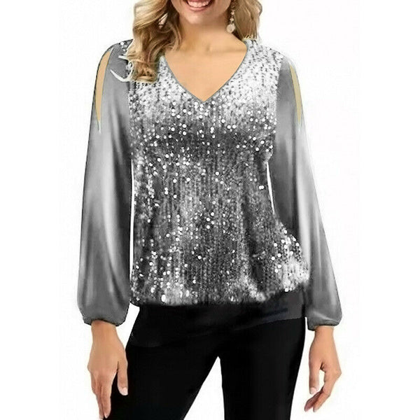 Sequin Patchwork V Neck Pullover Shoulder Lantern Sleeve T-Shirt Tops Blouse