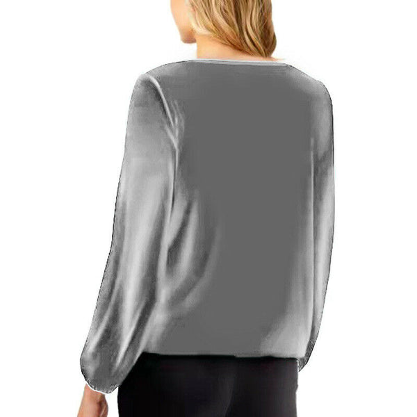 Sequin Patchwork V Neck Pullover Shoulder Lantern Sleeve T-Shirt Tops Blouse