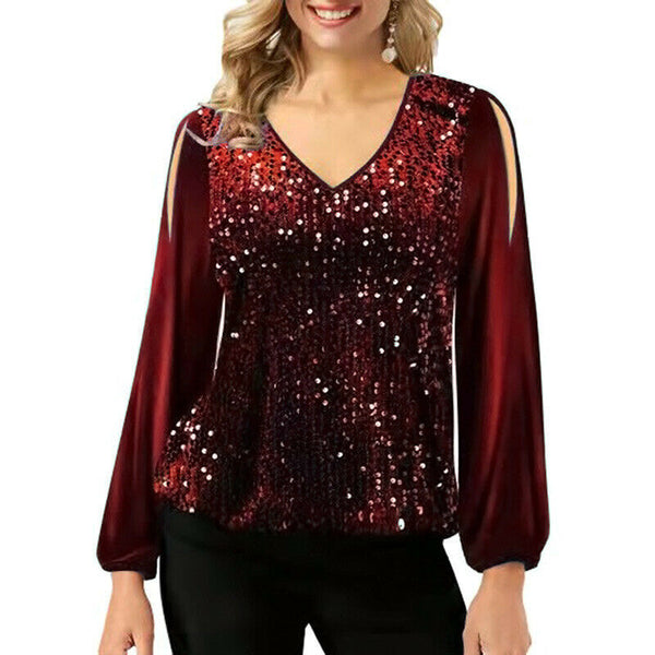 Sequin Patchwork V Neck Pullover Shoulder Lantern Sleeve T-Shirt Tops Blouse