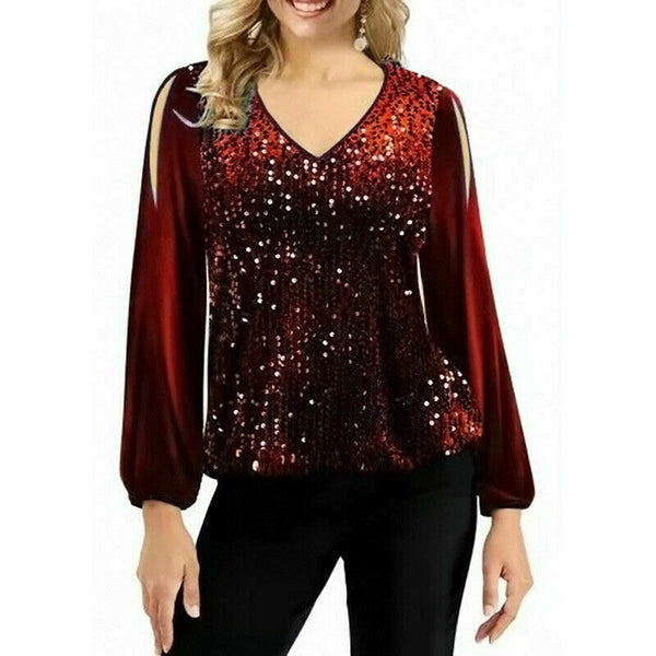 Sequin Patchwork V Neck Pullover Shoulder Lantern Sleeve T-Shirt Tops Blouse