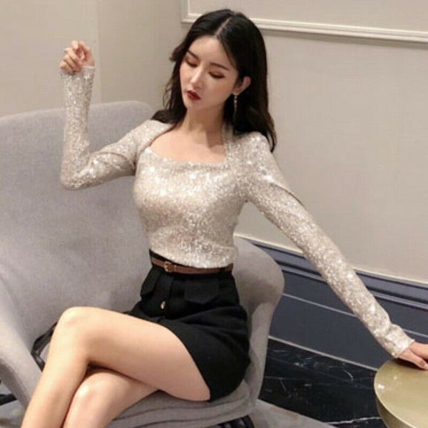 Women Slim Blink Fit Tops Sequin Glitter Square Neck Long Sleeves Blouse