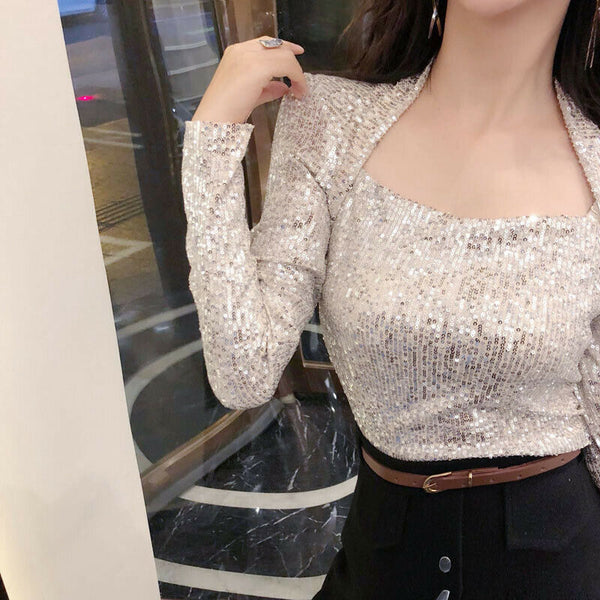 Women Slim Blink Fit Tops Sequin Glitter Square Neck Long Sleeves Blouse