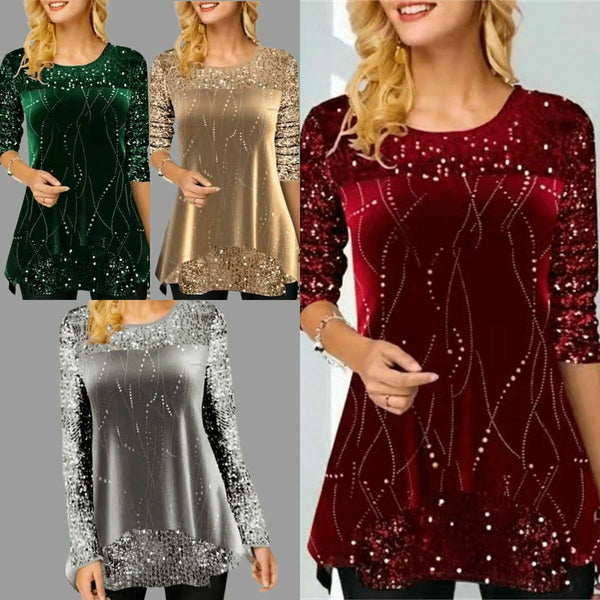 Women Casual Glitter Sequin Round Neck Long Sleeves Asymmetric Blouse Tops