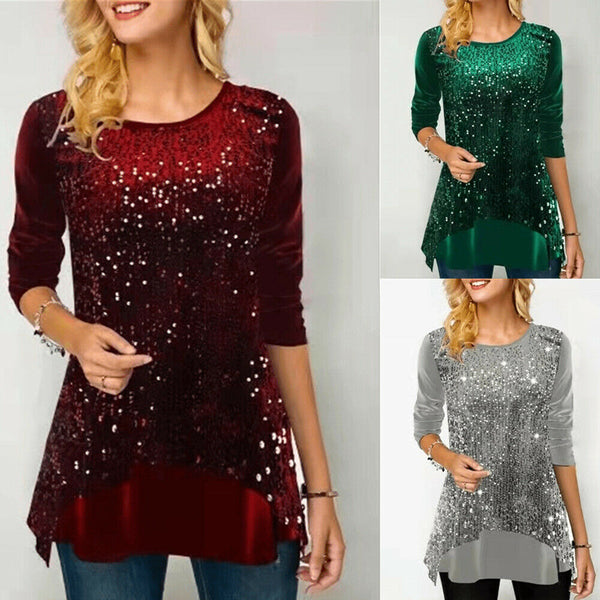 Women Casual Glitter Sequin Round Neck Long Sleeves Asymmetric Blouse Tops