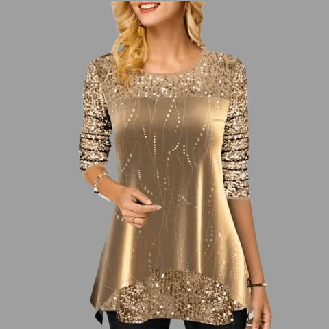 Women Casual Glitter Sequin Round Neck Long Sleeves Asymmetric Blouse Tops