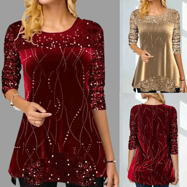 Women Casual Glitter Sequin Round Neck Long Sleeves Asymmetric Blouse Tops