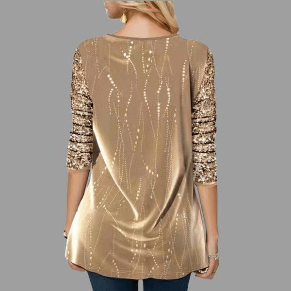 Women Casual Glitter Sequin Round Neck Long Sleeves Asymmetric Blouse Tops