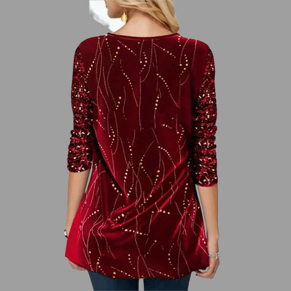 Women Casual Glitter Sequin Round Neck Long Sleeves Asymmetric Blouse Tops