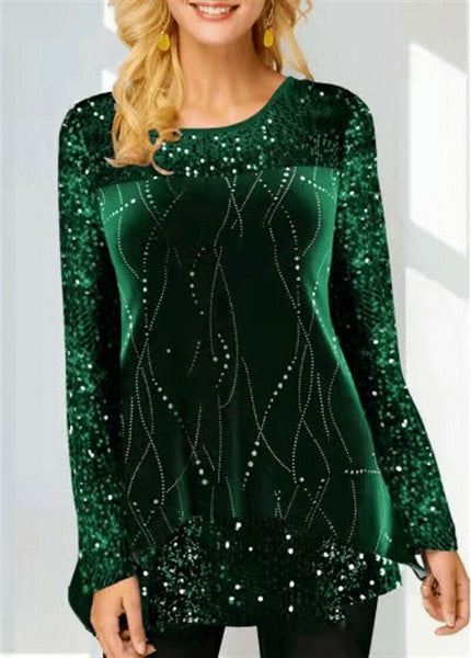 Women Casual Glitter Sequin Round Neck Long Sleeves Asymmetric Blouse Tops