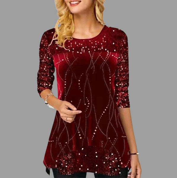 Women Casual Glitter Sequin Round Neck Long Sleeves Asymmetric Blouse Tops