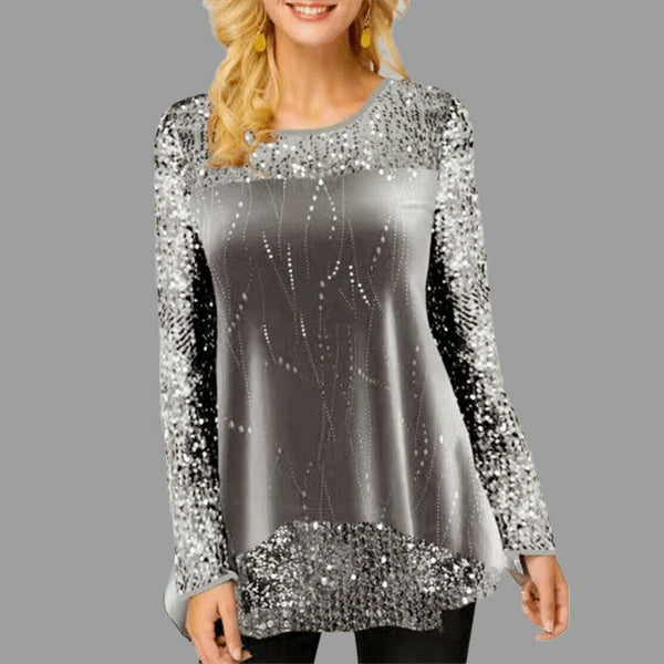 Women Casual Glitter Sequin Round Neck Long Sleeves Asymmetric Blouse Tops