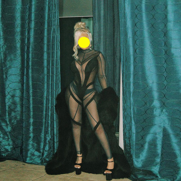 Sexy Women Black Patchwork Jumpsuit Sheer Mesh See Through Party Night Club Sleeved Long Catsuit Romper