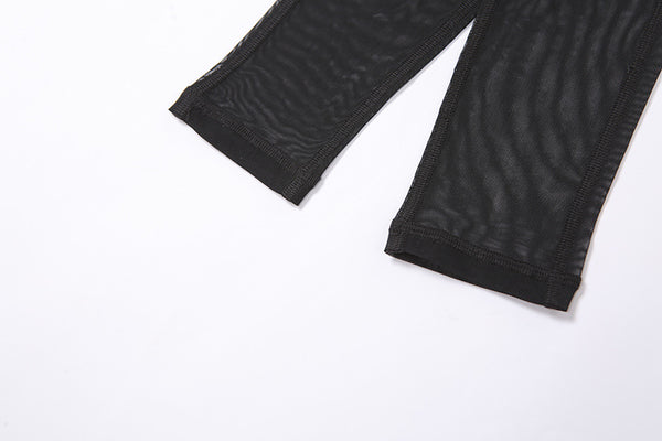 Sexy Women Black Patchwork Jumpsuit Sheer Mesh See Through Party Night Club Sleeved Long Catsuit Romper