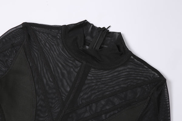 Sexy Women Black Patchwork Jumpsuit Sheer Mesh See Through Party Night Club Sleeved Long Catsuit Romper