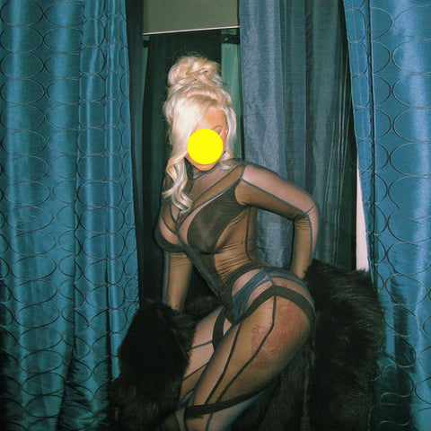 Sexy Women Black Patchwork Jumpsuit Sheer Mesh See Through Party Night Club Sleeved Long Catsuit Romper