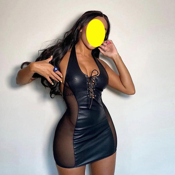 Trendy Women Halter Neck V-neck Open Back Side Mesh Leatherlook Stitching Hip Dress