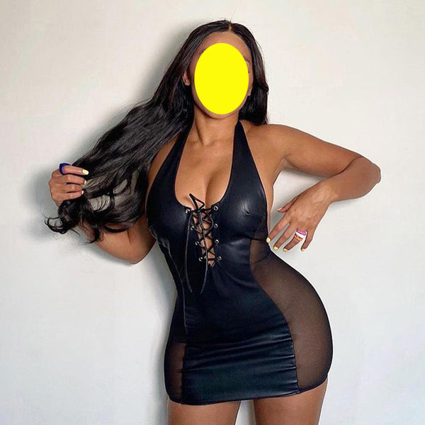 Trendy Women Halter Neck V-neck Open Back Side Mesh Leatherlook Stitching Hip Dress
