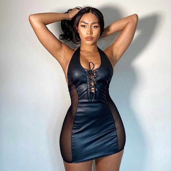 Trendy Women Halter Neck V-neck Open Back Side Mesh Leatherlook Stitching Hip Dress