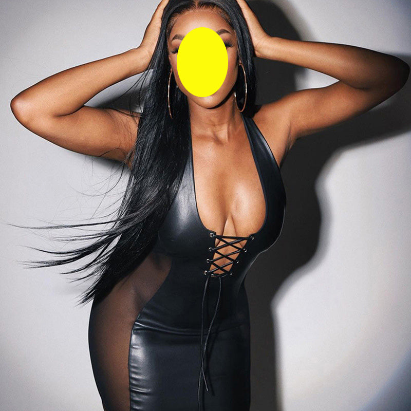 Trendy Women Halter Neck V-neck Open Back Side Mesh Leatherlook Stitching Hip Dress