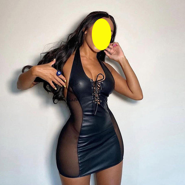 Trendy Women Halter Neck V-neck Open Back Side Mesh Leatherlook Stitching Hip Dress