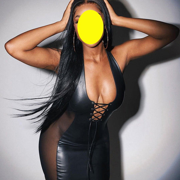 Trendy Women Halter Neck V-neck Open Back Side Mesh Leatherlook Stitching Hip Dress