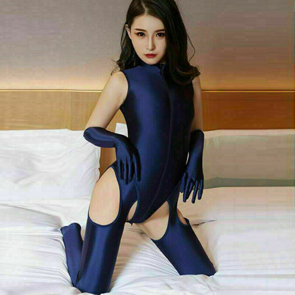 Women Shiny Spandex Catsuit Zipper Leopard Bodysuit Pantyhose Gloves Jumpsuit