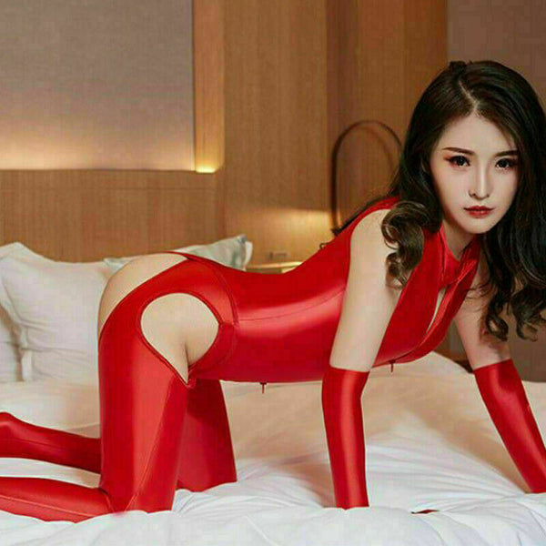 Women Shiny Spandex Catsuit Zipper Leopard Bodysuit Pantyhose Gloves Jumpsuit