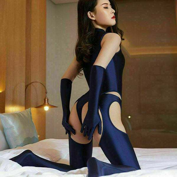 Women Shiny Spandex Catsuit Zipper Leopard Bodysuit Pantyhose Gloves Jumpsuit