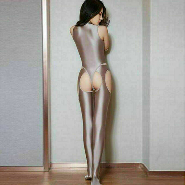 Women Shiny Spandex Catsuit Zipper Leopard Bodysuit Pantyhose Gloves Jumpsuit