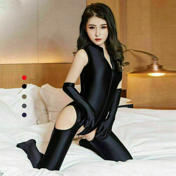 Women Shiny Spandex Catsuit Zipper Leopard Bodysuit Pantyhose Gloves Jumpsuit