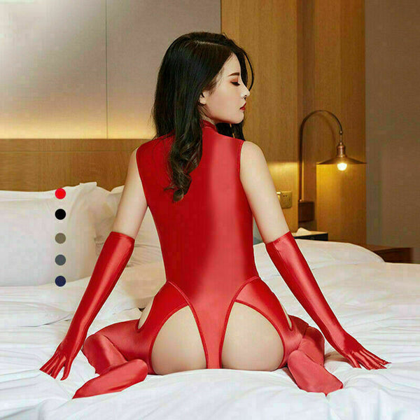 Women Shiny Spandex Catsuit Zipper Leopard Bodysuit Pantyhose Gloves Jumpsuit