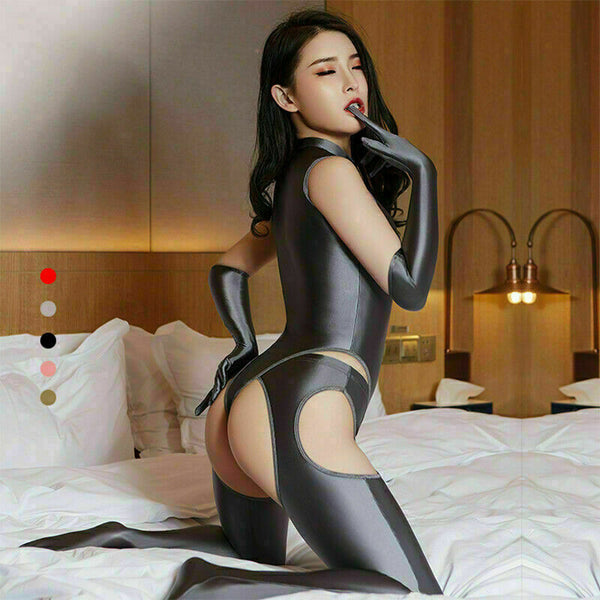 Women Shiny Spandex Catsuit Zipper Leopard Bodysuit Pantyhose Gloves Jumpsuit