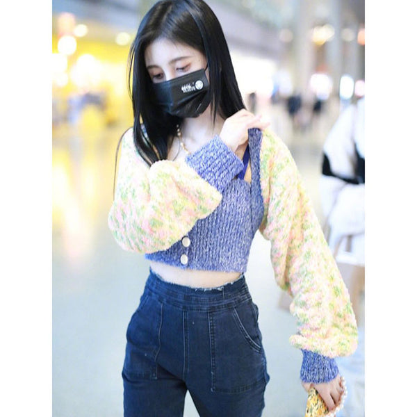 Girl Blue Strap Knit Short Knitted Striped Crop Tube Top Vest Set Jacket