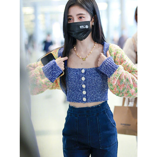 Girl Blue Strap Knit Short Knitted Striped Crop Tube Top Vest Set Jacket