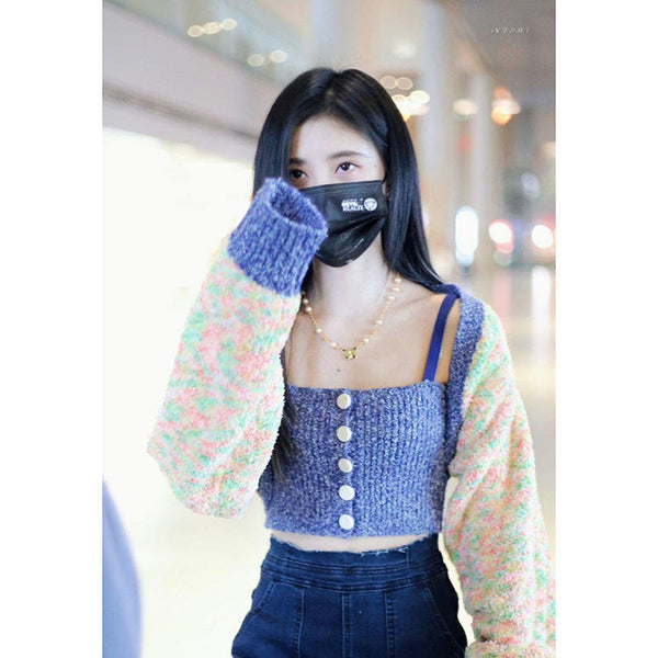 Girl Blue Strap Knit Short Knitted Striped Crop Tube Top Vest Set Jacket