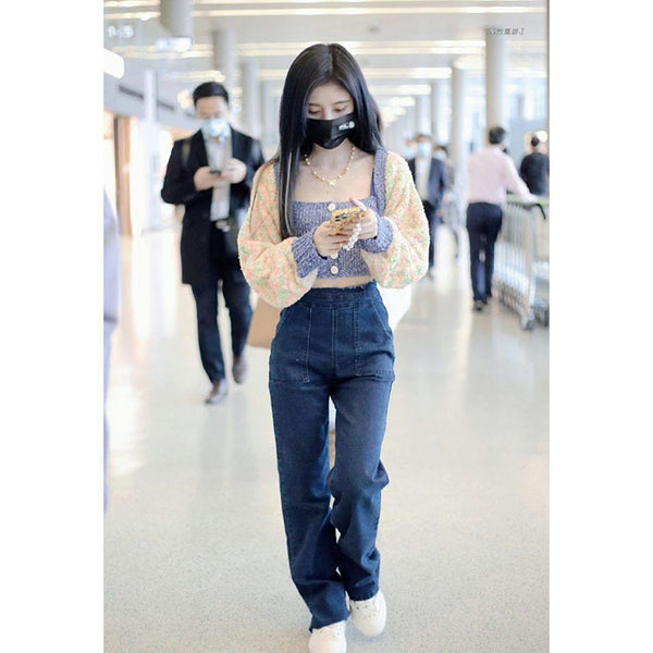 Girl Blue Strap Knit Short Knitted Striped Crop Tube Top Vest Set Jacket