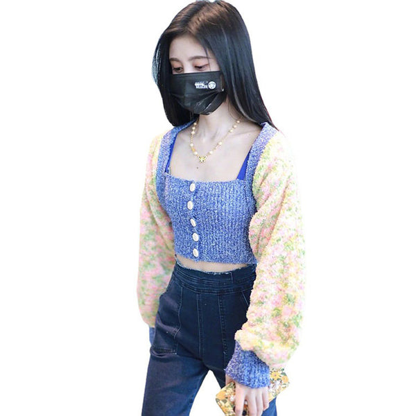 Girl Blue Strap Knit Short Knitted Striped Crop Tube Top Vest Set Jacket