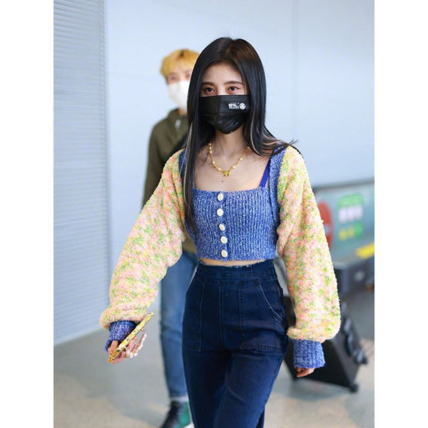 Girl Blue Strap Knit Short Knitted Striped Crop Tube Top Vest Set Jacket