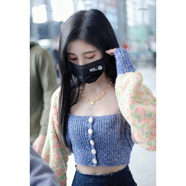 Girl Blue Strap Knit Short Knitted Striped Crop Tube Top Vest Set Jacket