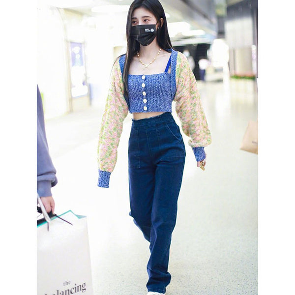 Girl Blue Strap Knit Short Knitted Striped Crop Tube Top Vest Set Jacket