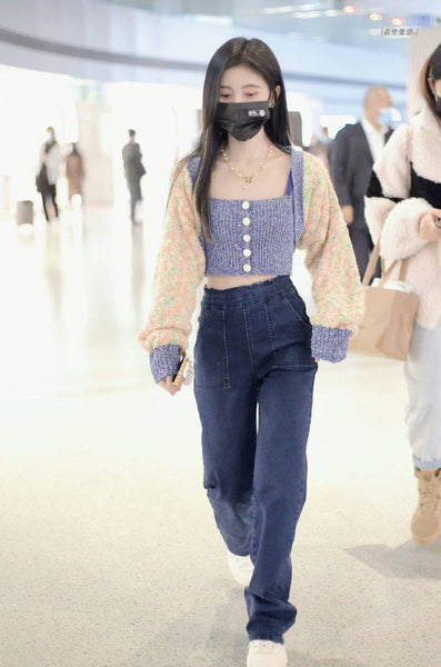 Girl Blue Strap Knit Short Knitted Striped Crop Tube Top Vest Set Jacket