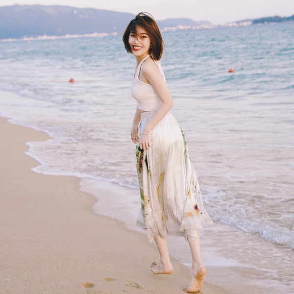 Women Oil Painting Pattern Watercolor Splash Ink Printing High Waist A-line Pleated Skirt