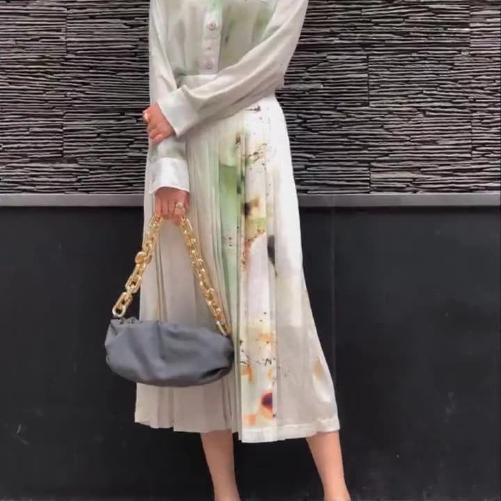 Women Oil Painting Pattern Watercolor Splash Ink Printing High Waist A-line Pleated Skirt