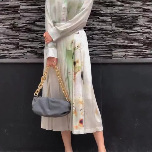 Women Oil Painting Pattern Watercolor Splash Ink Printing High Waist A-line Pleated Skirt