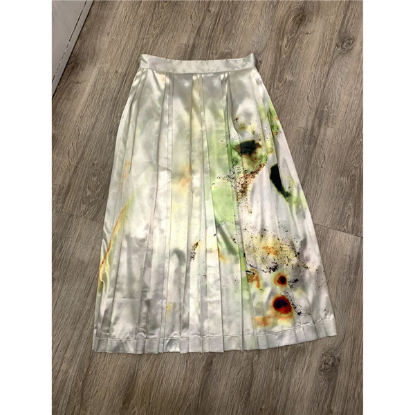 Women Oil Painting Pattern Watercolor Splash Ink Printing High Waist A-line Pleated Skirt