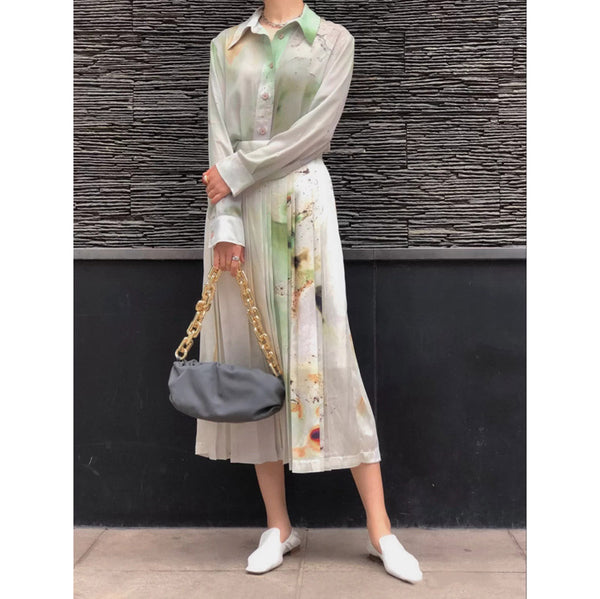 Women Oil Painting Pattern Watercolor Splash Ink Printing High Waist A-line Pleated Skirt