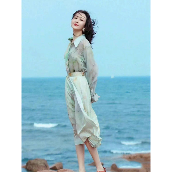 Women Oil Painting Pattern Watercolor Splash Ink Printing High Waist A-line Pleated Skirt