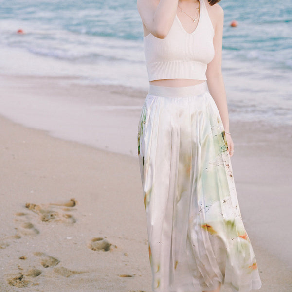 Women Oil Painting Pattern Watercolor Splash Ink Printing High Waist A-line Pleated Skirt