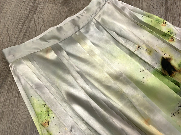 Women Oil Painting Pattern Watercolor Splash Ink Printing High Waist A-line Pleated Skirt